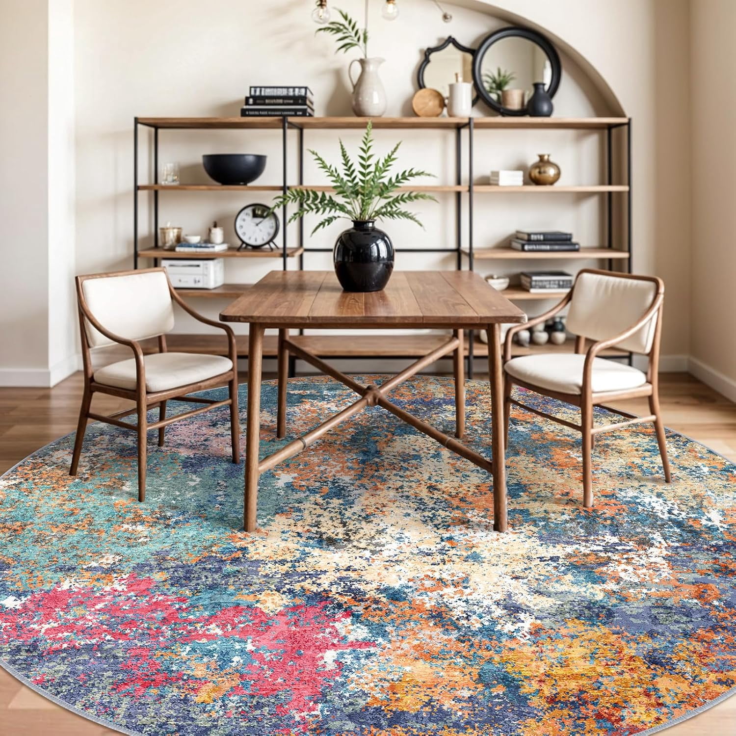 YOUFORTONG 9ft Round Washable Abstract Area Rug, Modern Low Pile Carpet, Soft Non-Slip Stain Resistant Indoor Mat for Living Room Bedroom Dining Room,Colorful