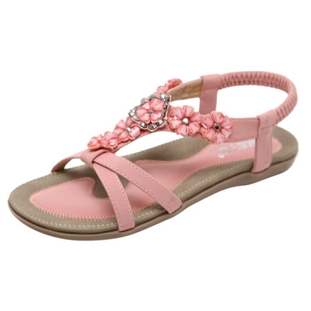 

ZTTD Summer Womens Studded Flower Embellished Flat Sandals Shoes Sandals Pink