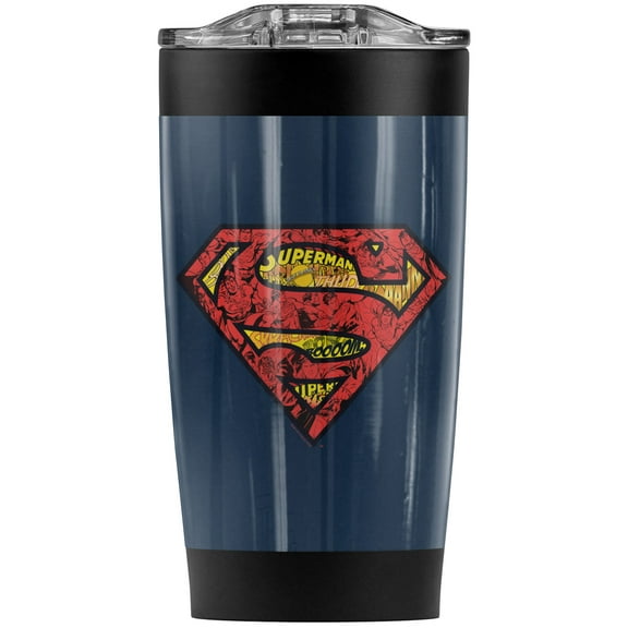 Superman Collage Shield Logo Stainless Steel Tumbler 20 oz Coffee Travel Mug/Cup, Vacuum Insulated & Double Wall with Leakproof Sliding Lid | Great for Hot Drinks and Cold Beverages