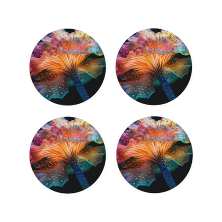 

Fuzoiu Bioluminescent Underwater Flower Print Leather Coasters Set Drink Coasters Set of 4 for Tabletop Protection Durable PVC Coasters Home Décor and Housewarming Gift-Round Shape