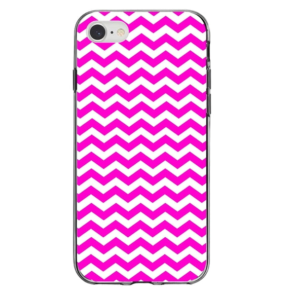 DistinctInk Clear Shockproof Hybrid Case for iPhone 7 8 SE (2020 Model) 4.7" Screen TPU Bumper Acrylic Back Tempered Glass Screen Protector - Hot Pink White Chevron Stripes Wave - Chevron Stripes