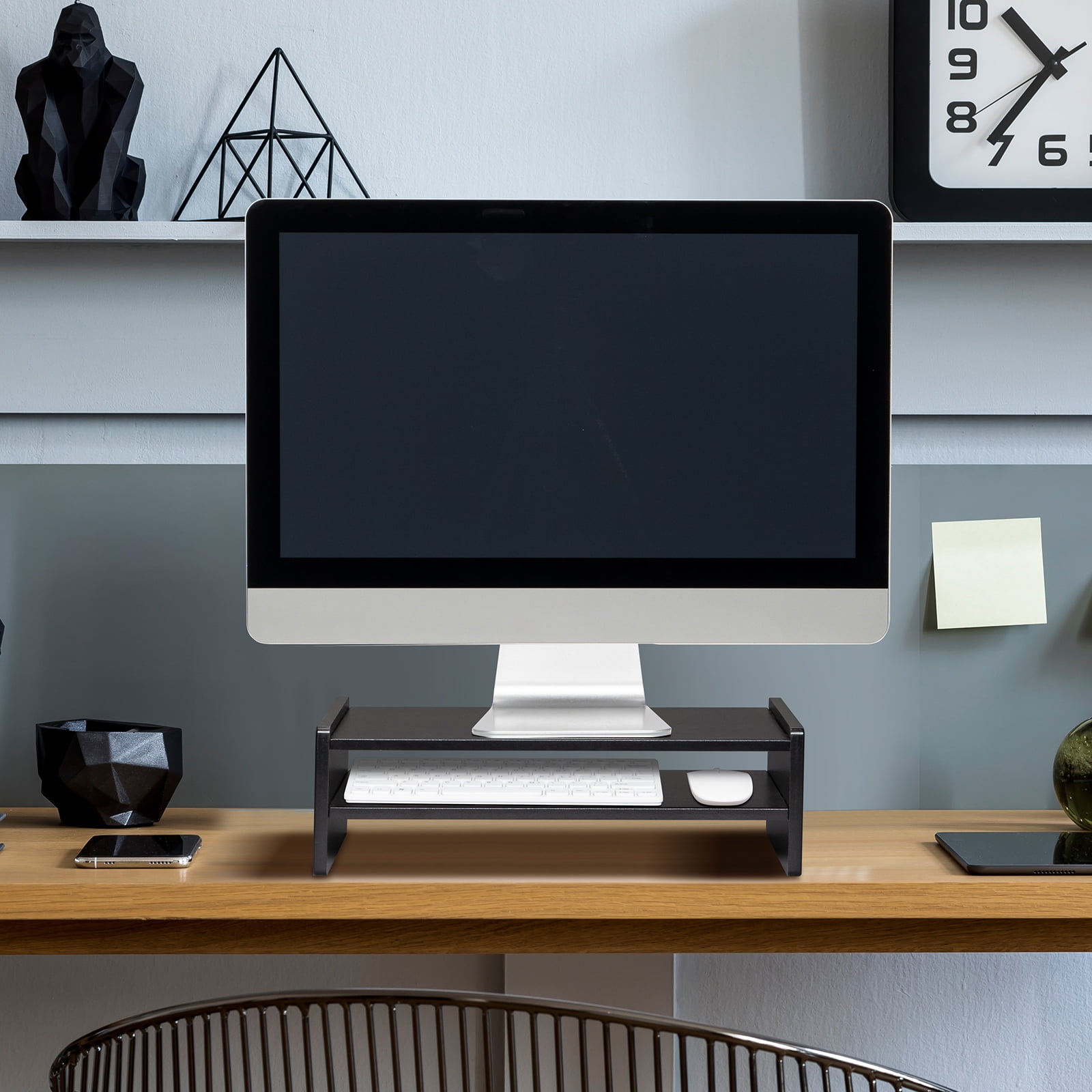 Kepooman 2-Tier Wood Arm Riser Desk Storage Organizer, 16.7 inch Computer Monitor Stand Clamp Desk TV Shelf Risers