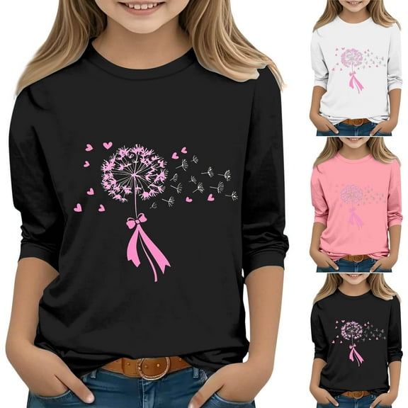 Feancey 3/4 Sleeve T Shirts for Girls Breast Cancer Awareness Shirt Pink Floral Graphic Tees Teen Girl Cancer Survivor Crewneck Tops Black 9-10 Years