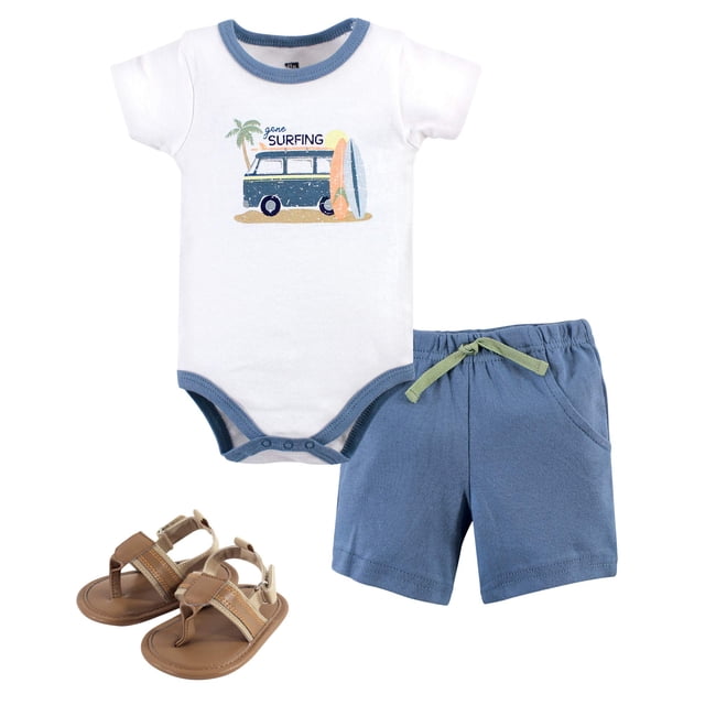 Hudson Baby Conjunto de mono, pantalones cortos y zapatos de algodón unisex para bebé, de 9 a 12 meses