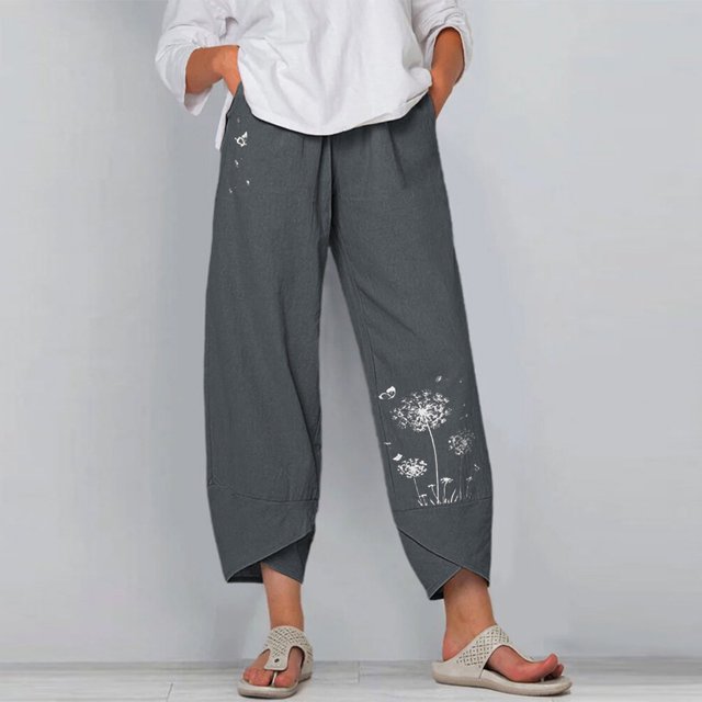 Pntutb Mujer Casual Cintura Media Bordado Verano Algodón Suelto Pantalones Rectos Largos Pntutb Pntutb-128