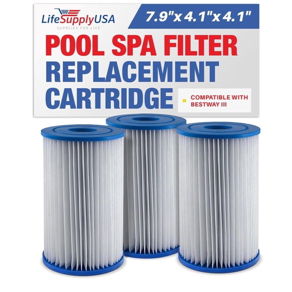 LifeSupplyUSA Pool Filter Replacement for Bestway Type III/A Cartridge 58012E for Use in 500/800/1500 Gallon Filter Pumps for Above Ground Pools/Spa (3 Pack)
