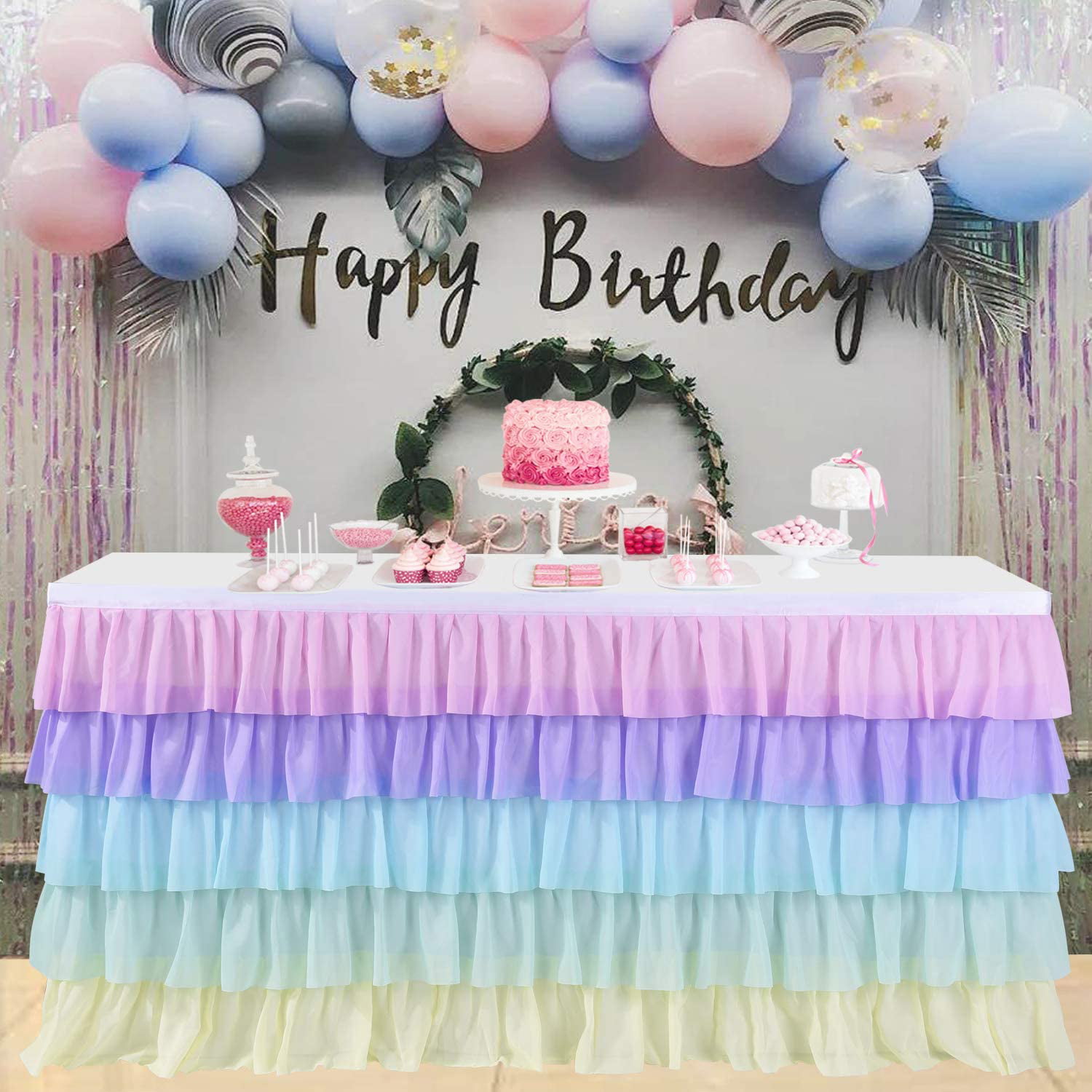 Rainbow Table Skirt Tutu Unicorn Tablecloth for Parties Baby Shower  Birthday Unicorn Party Pastel Chiffon Tutu Table Skirt for Rectangle Table  6ft
