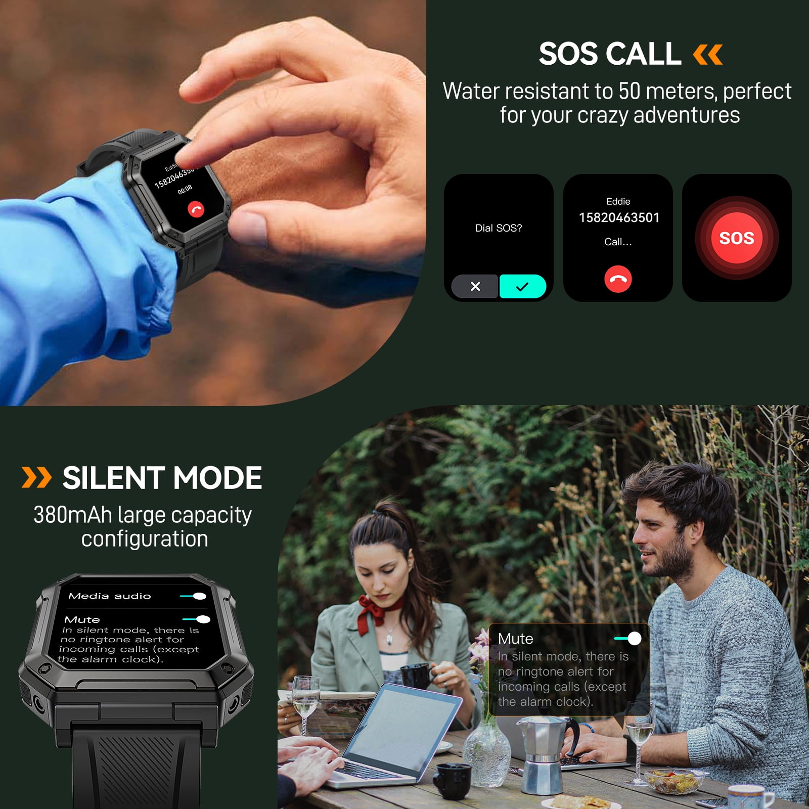 XAXRE Smart Watches for Men with Call (Support Fast SOS/Silent Mode), 1.91'' HD Outdoor Rugged Watch Fitness Tracker with 110+ Sports Smart Watch, for Android iPhone