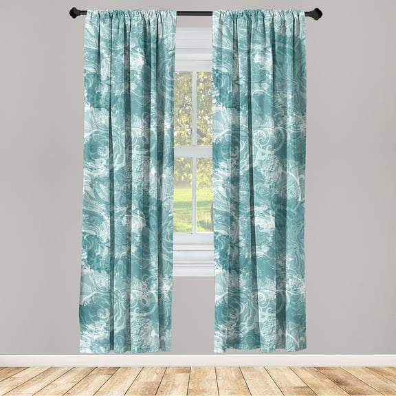 Flowers Vintage Window Curtains, Weathered Boho Jungle Scenery with Floral Swirling Motifs, Lightweight Decor 2-Panel Set with Rod Pocket, Pair of - 28"x63", Cadet Blue and Petrol Blue, by Ambesonne