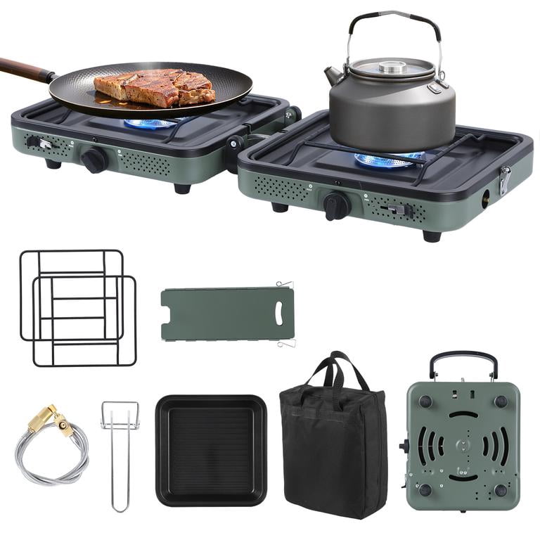 2 Burner Camping Stove with Windshield, 20000 BTU Propane Camp Stove, Portable Folding Gas Stove, Camping Essentials Gear Includes Frying Pan,Carry Bag, Green