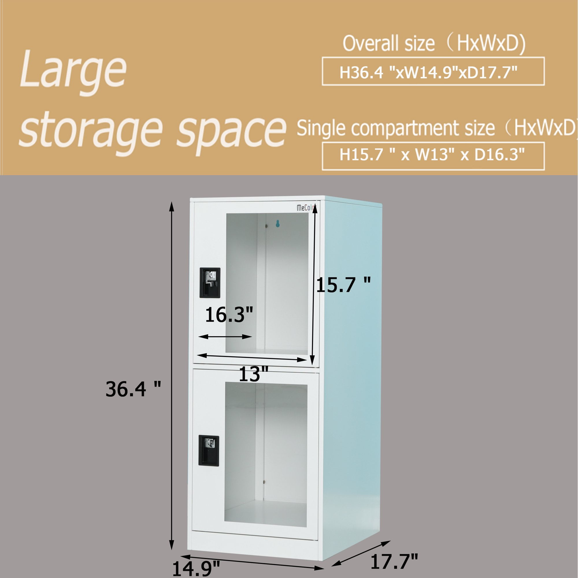 MECOLOR -Metal Vertical Small Locker with Padlock latch 2 Compartment plastic transparent door file cabinet for kids room, school ,office, and gym.