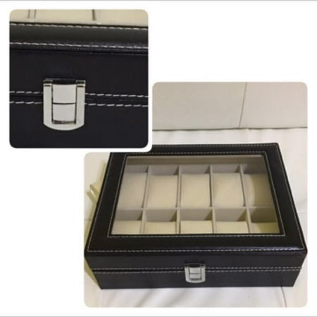 Watch Box Men - 10 Slot Luxury Pu Leather Design Display Case, Large Holder, Metal Buckle -Black