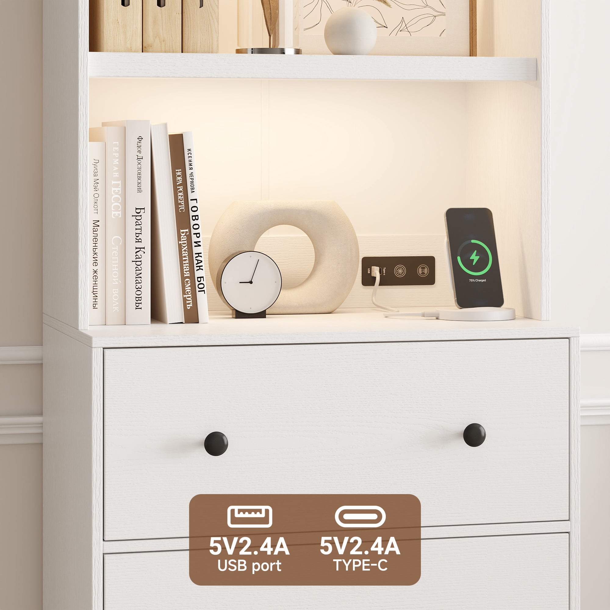 NEGYLIM 71" Bookcase with Drawers & Shelves, Wooden Bookshelf with Charging Station & Adjustable LED Lights, Anti-tipping Design for Living Room Home Office, White