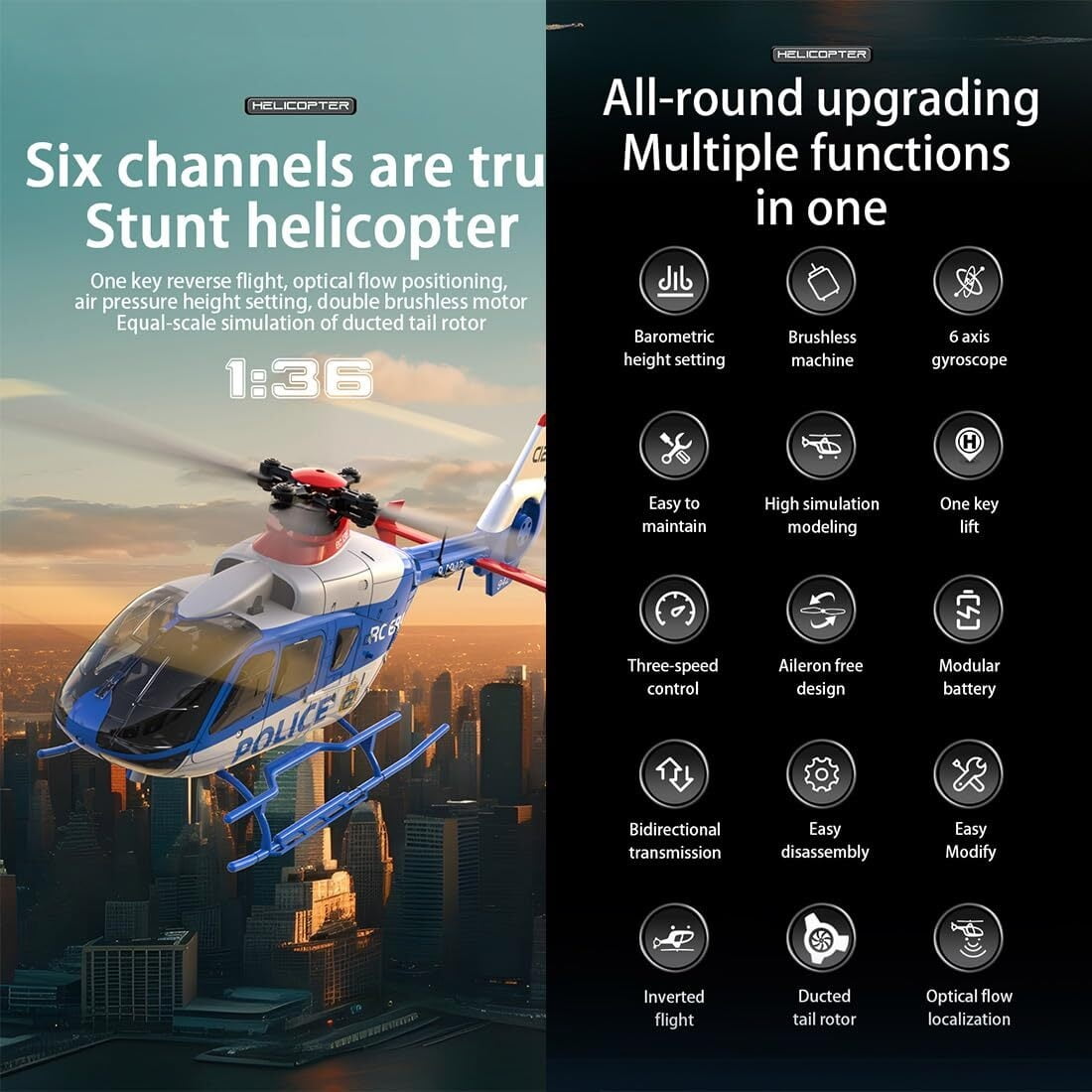C123 RC Helicopter, 1:36 6CH EC135 Remote Control Helicopter for Adults, 2.4GHz RC Aircraft with 6-Axis Gyro, Inverted Flight, Altitude Hold, One Key Take Off/Landing (Blue(3 Batteries)