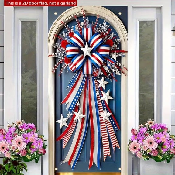 4th of July Door Cover Decoration,250 Anniversary Patriotic Door Cover,Red Blue and White American Flag Bow Door Banner,Veterans Day Memorial Day Decor,Independence Day Party Supplies(2D, 35x70 inch)