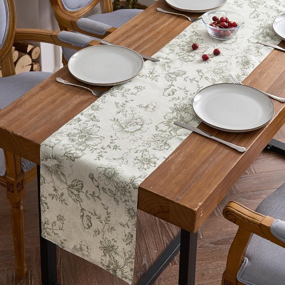 Linen Table Runner Floral Print for Kitchen Farmhouse Table Cloth with Flower 72 Inch Sage Green on Beige Peonies Botanical Decorative Linen Blend Cloth for Dining Table Indoor Decor 1 Panel