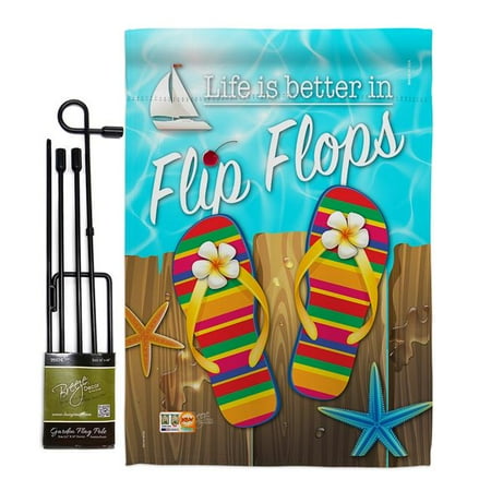 Breeze Decor BD-SU-GS-106003-IP-BO-D-US15-BD 13 x 18.5 in. Better in Flip Flops Summer Fun the Sun Impressions Decorative Vertical Double Sided Garden Flag Set with Banner Pole