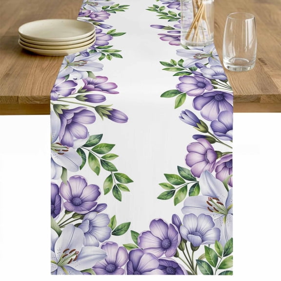 Purple Flowers Table Runner - 120 Inch Long Spring Watercolor Floral Leaves Plants Cotton and Linen Blended Dress Scarves Farmhouse Table Runner for Kitchen Dining, Coffee Table, 13" x 120"