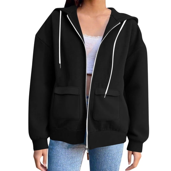 ManxiVoo Women's Zip Front Hooded Sweatshirt Oversized Pullover Jacket Athletic Training Wear Comfortable Casual Style L Size Black