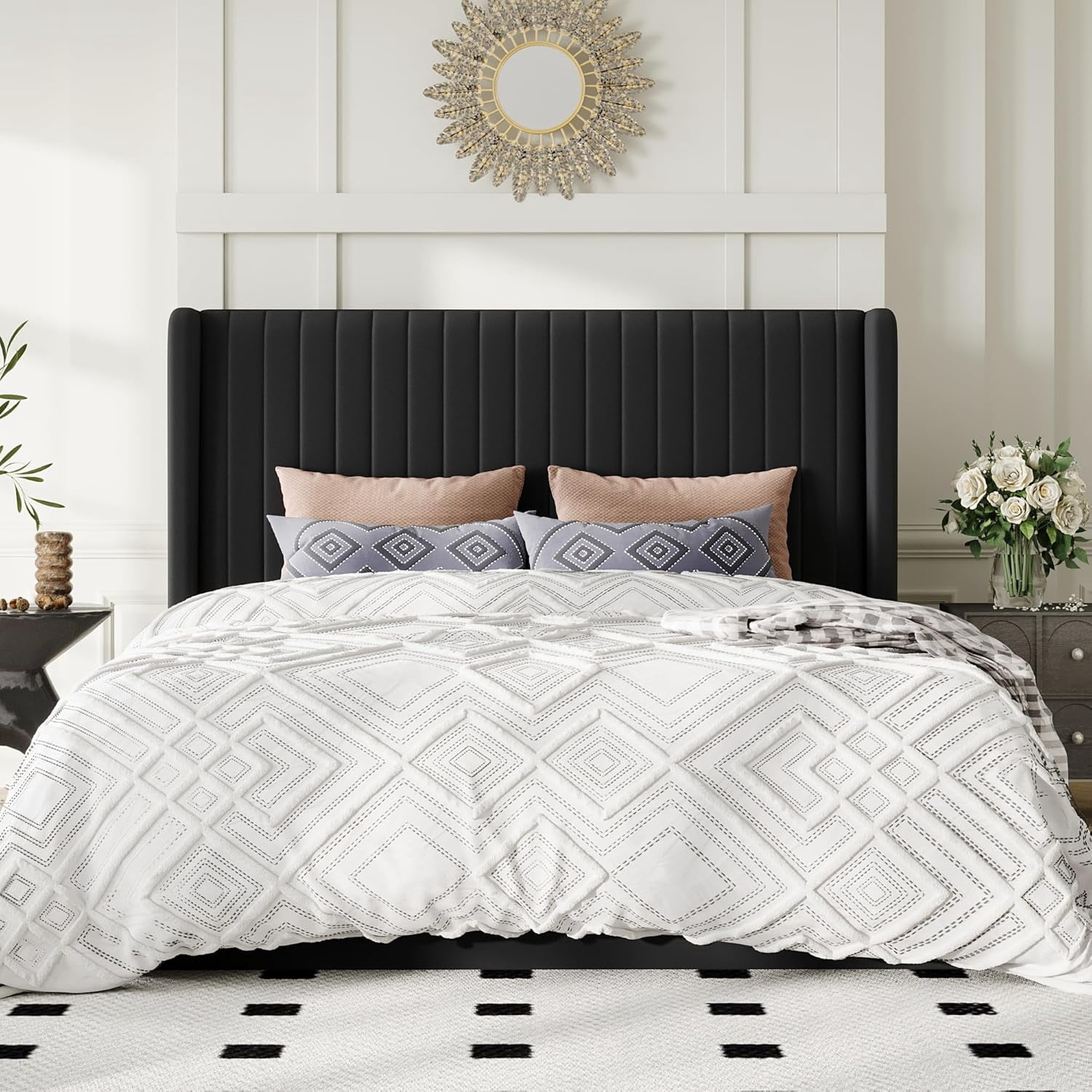 Allewie Queen Size Lift Up Storage Bed Frame, Hydraulic Support System, Upholstered Platform Bed Frame, Vertical Channel Tufted Headboard with Wingback, Black