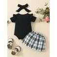 thumbnail image 4 of vera natura Baby Girls 3 Piece Outfit Ruffles Short Sleeve Rompers and Plaid Print Button Skirt Headband Summer Clothes Set, 4 of 9