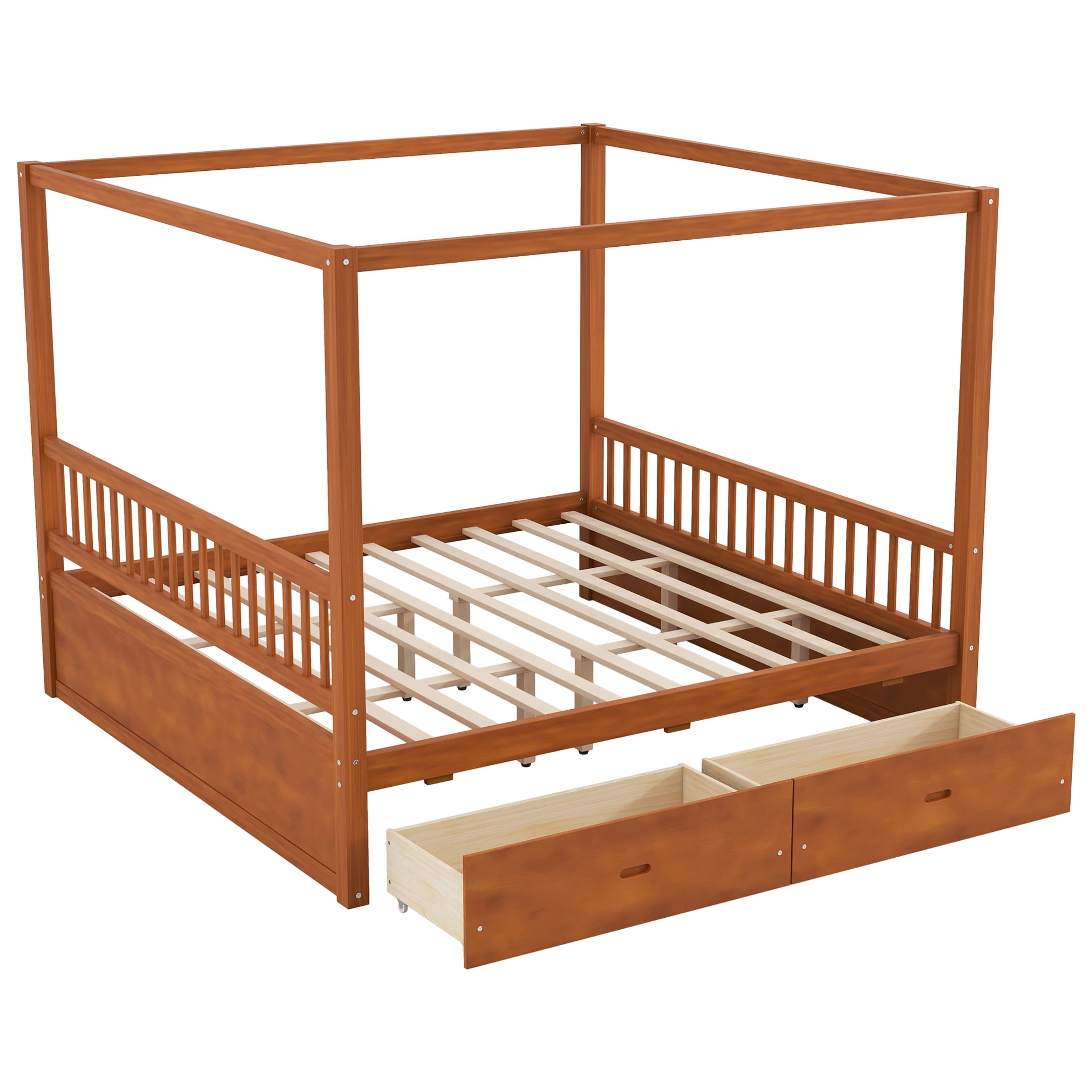 Noble House Stefan King Size Wooden Canopy Bed Frame with Storage Drawers, Farmhouse Decor Style, Walnut