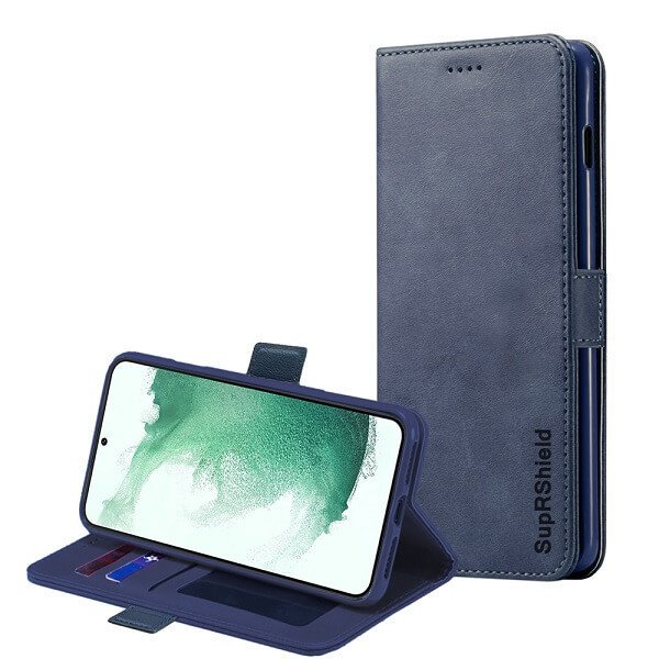 Samsung Galaxy S22 Plus Navy Blue Genuine SupRShield Wallet Leather Flip Stand Magnetic Case Cover. The case is made of high-quality synthetic leather, featuring a navy blue finish. It includes three card slots for credit cards or photo ID, a magnetic closure, and a built-in stand for horizontal viewing. The design allows easy access to all buttons, controls, and ports without removing the case. Provides protection against scratches, bumps, dirt, and fingerprints.