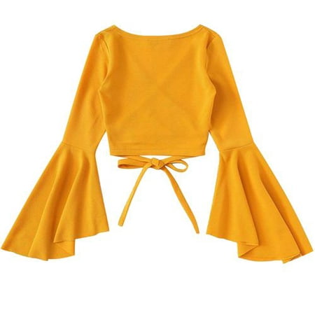 Fancyleo New Summer Women O Neck Trumpet Sleeve Crop Top Casual Solid Color Front Knotted Tee (Best Way To Get Knots Out Of Neck)