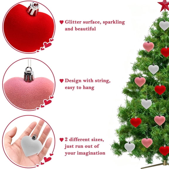 12pcs Valentine's Day Flocked Heart Ornament - Plush Velvet Texture Decor, Romantic Love-Themed Ornament & Christmas Tree, Multi-Occasion for Wreaths & Garland Accents, 1.77*2.36in, Red, White, Pink