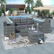 Patio Furniture Sofa Set 5 Pieces, All-Weather Wicker Coversation Set with Glass Table, Patio Sets with Storage Bench for Cushions, Gray