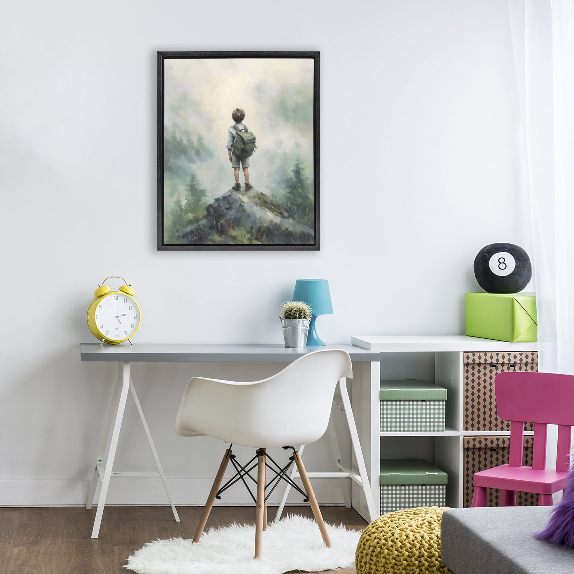 Boy Adventurer Atop Mountain Black Framed Floater Canvas Wall Art, design by Arlington Prints