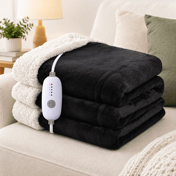 01-black 50''x60''(Throw) Flannel & Sherpa Double-sided Heated Electric Throw Blanket