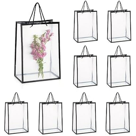Set of 10 Clear Flower Bouquet Bags with Handles, Transparent Floral Gift, Presents Boxes, Florist Flower Tote Bags for Mother's Day, Wedding, Birthday, Anniversary, Housewarming (Black)
