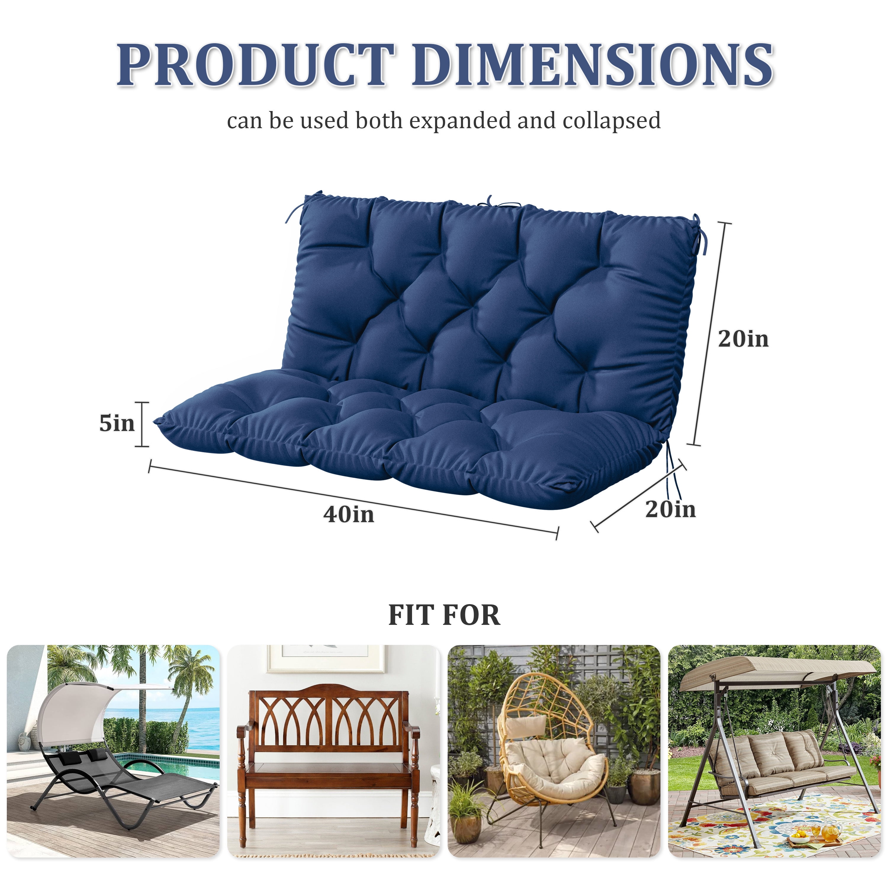 Kimunuk Outdoor Porch Swing Cushion, 40" X 40" X 5" Waterproof Bench Chair Replacement Cushion with 6 Ties for Patio, Blue