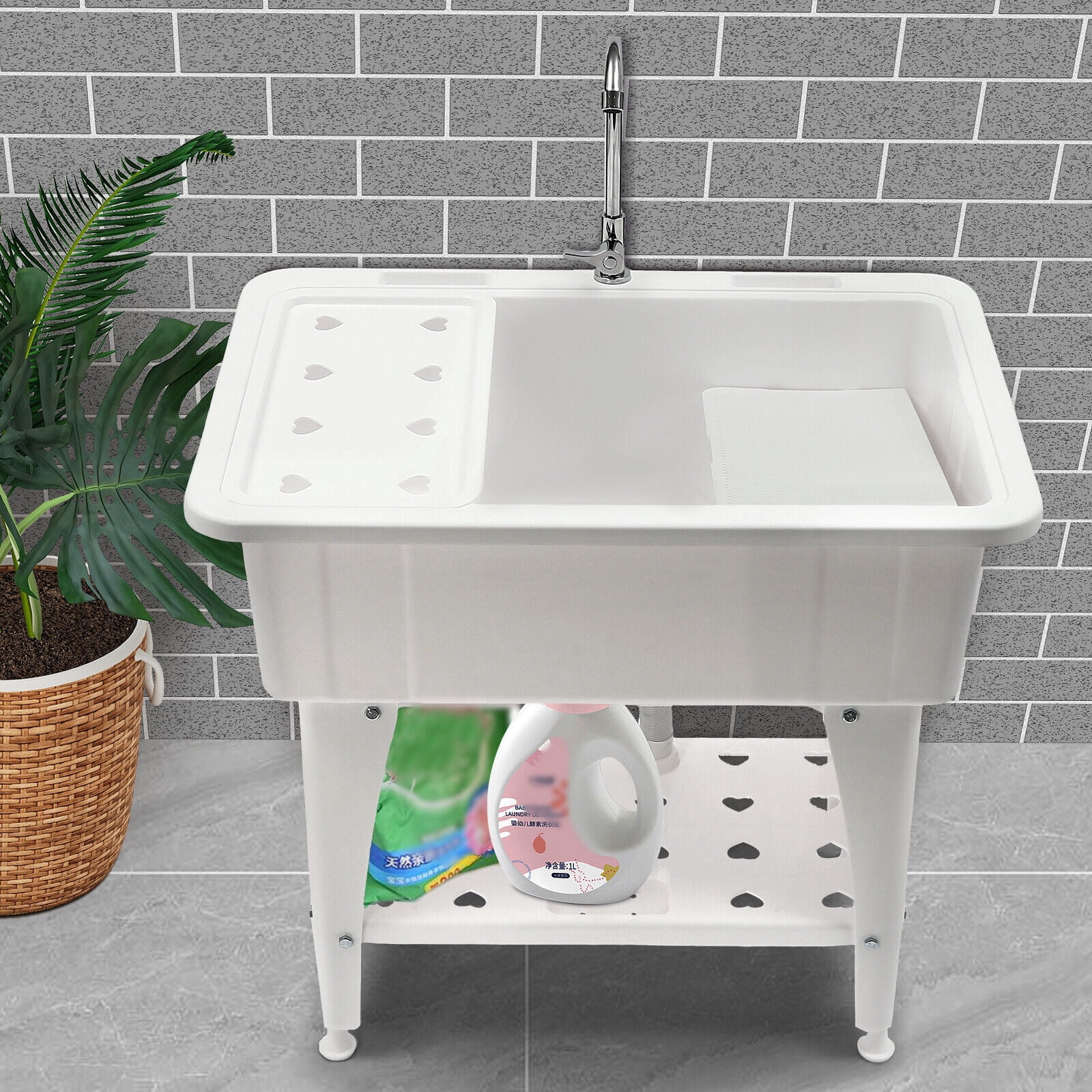 Miumaeov Freestanding Plastic Laundry Sink Indoor and Outdoor Utility Sink Laundry Tub with Washboard Cold & Hot Water Faucet