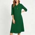 thumbnail image 3 of Guieoi Cotton-Linen Dresses for Women Solid-Color Collared 3/4-Sleeve Dress with Pockets Green L, 3 of 4