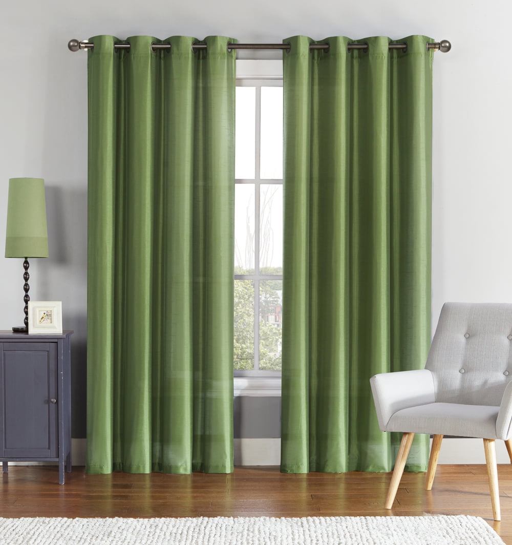 Single (1) Sage Green Window Curtain Panel Faux Silk, Silver Grommets