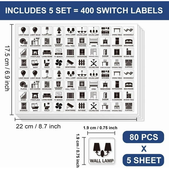 400 Pcs Light Switch Sticker Labels 39 Designs Transparent Switch ID Stickers Black Switchboard Label Decals for Home Kitchen Bathroom Office School