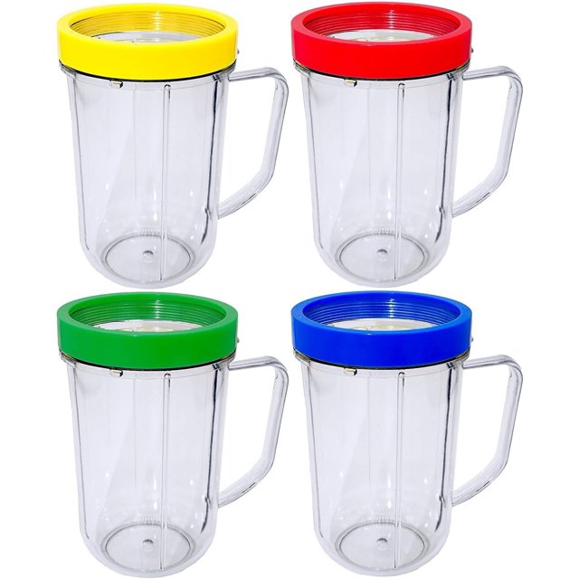 4pcs Party Cups Mugs Compatible with Original Magic Bullet Juicer/extra Magic Bullet Party cups/ 16 Ounce Party Mugs Cups with Colored Lip Rings, Fits Original Magic Bullet Blender Juicer 250W MB-1001