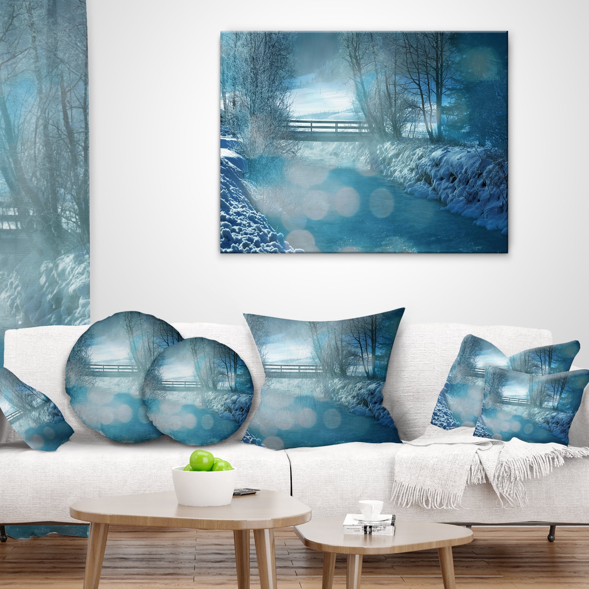 Designart Beautiful Winter River View - Landscape Printed Throw Pillow - 16x16