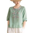 thumbnail image 3 of ClodeEU Women's Floral Embroidered Linen Blend Top,Casual Round Neck 3/4 Sleeve Blouse Green,Women's Plus L, 3 of 6