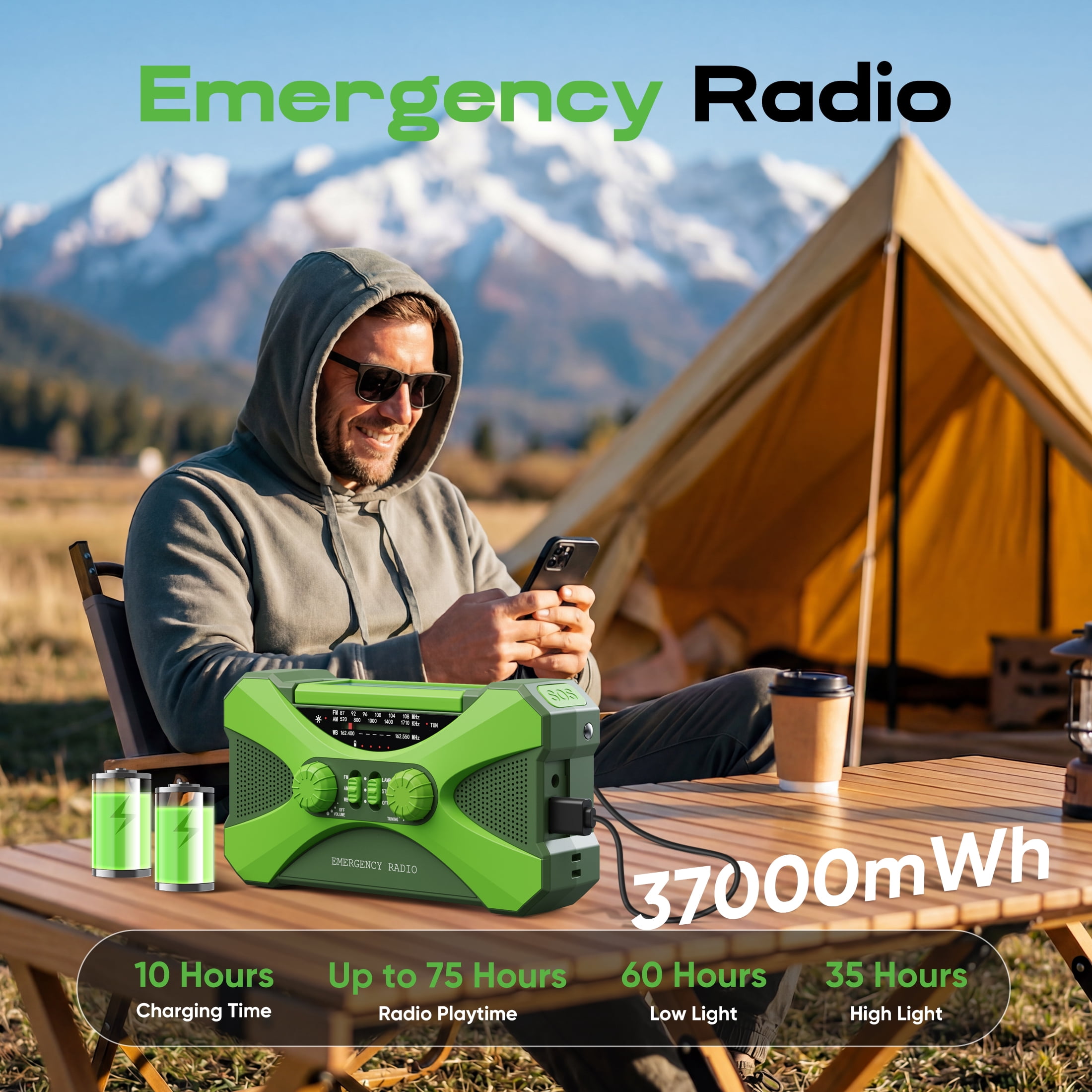 UMUTOO NOAA Emergency Radio, Solar & Hand Crank, 37000mAh Charger, Flashlight, SOS, AM/FM/WB