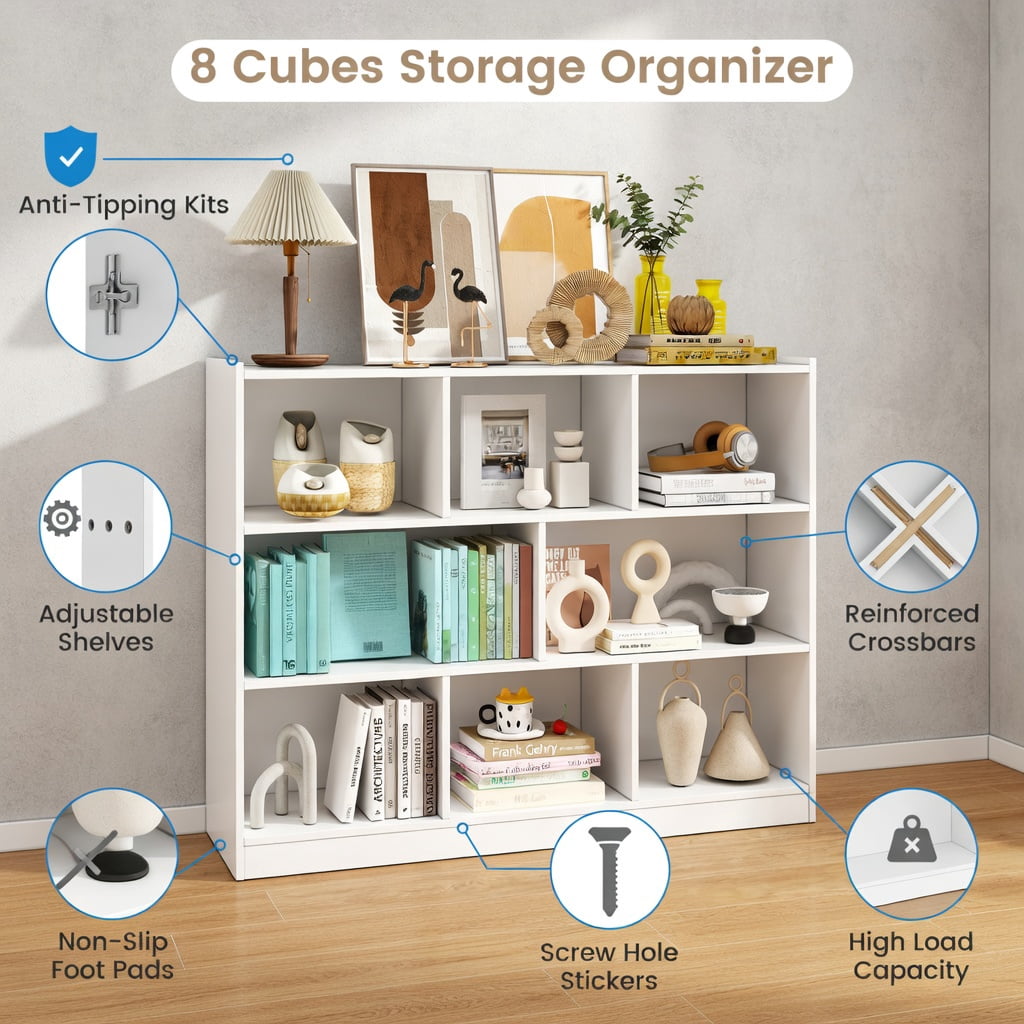 Spaco 3-Tier Open Bookcase 8-Cube Floor Standing Storage Shelves Display Cabinet-White, Tall Bookshelf, Shelves for Living Room, Home Office, Bedroom, Balcony
