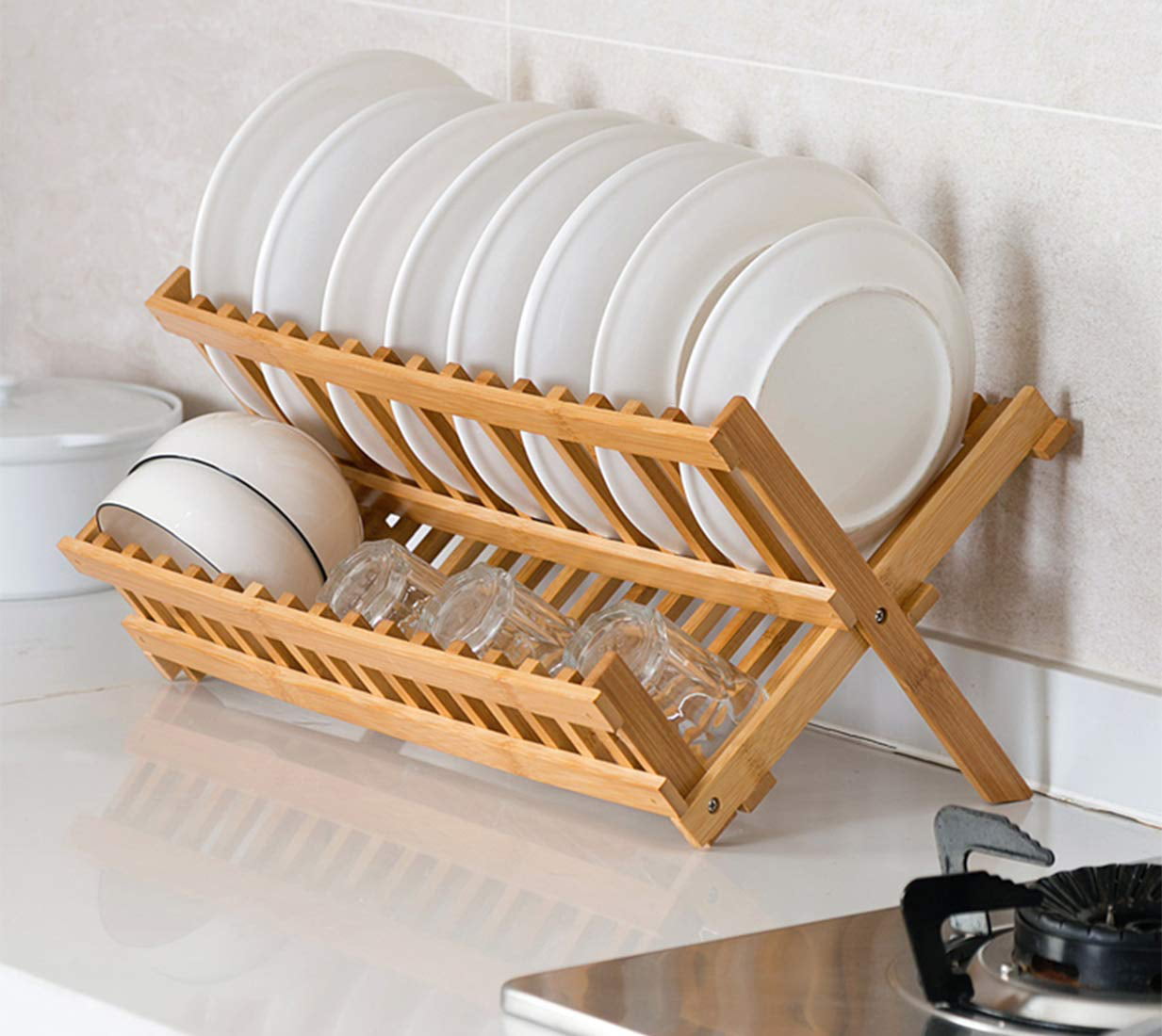 2 TIE DRAINER BAMBOO WOODEN DISH FOLD-ABLE RACK PLATES CUPS DRYER STORAGE HOLDER 