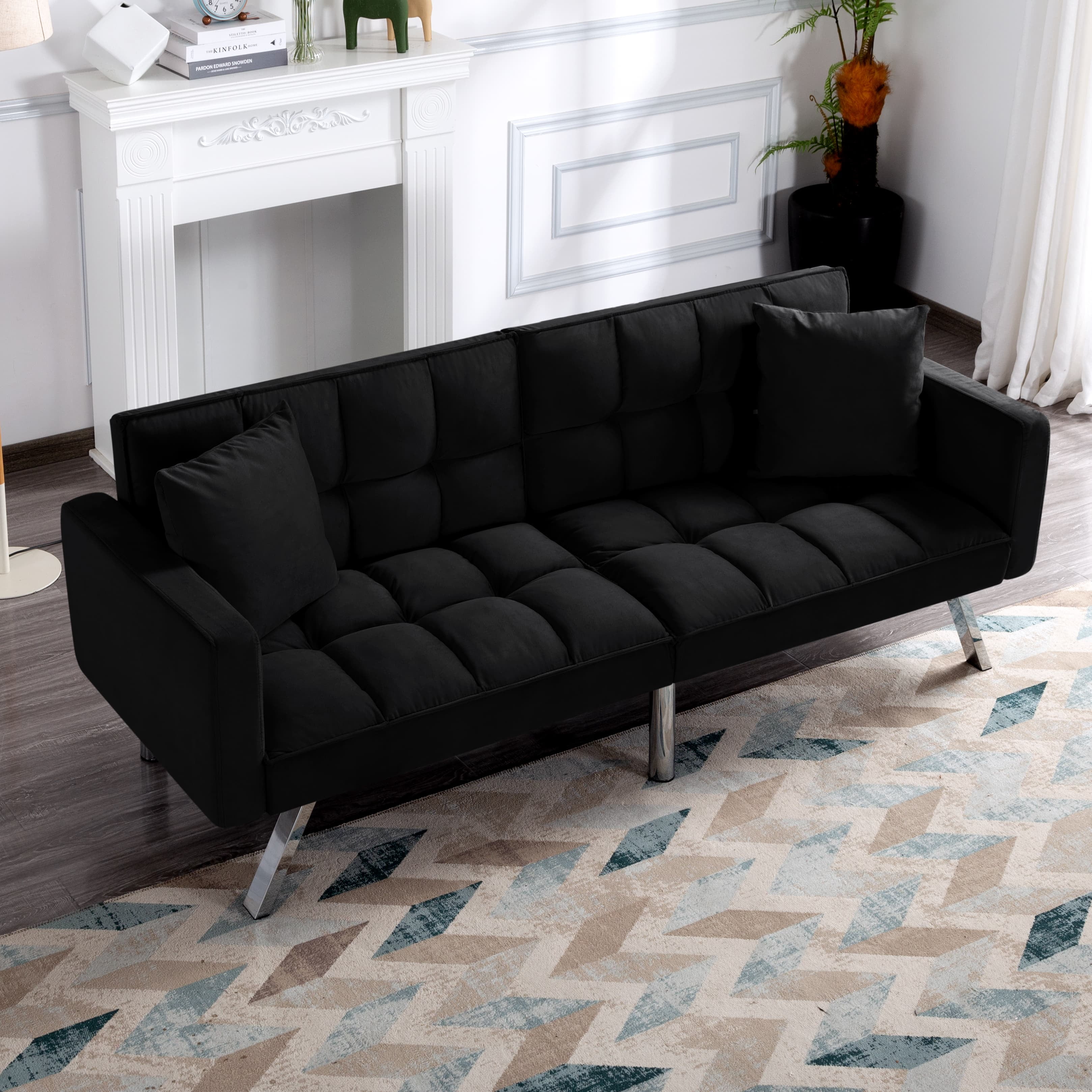 BSHTI Velvet Futon Sofa Bed 74” Convertible Sleeper – Split-Back 3-Position Adjustable, Solid Wood Frame, 2 Pillows, Easy Assembly, for Living Room Office Guest Room(Black)