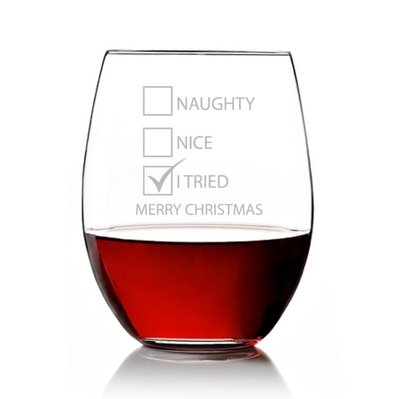 Naughty Nice I Tried Merry Christmas Check List Engraved Stemless 15oz Wine Glass