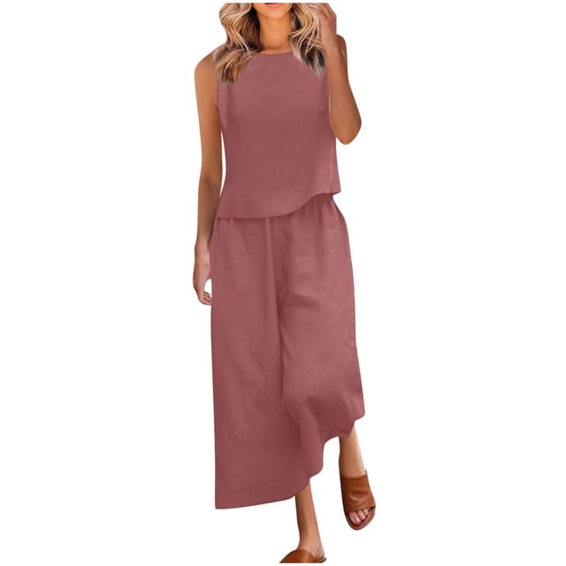 Birdeem Blouses pour Femmes Mode Col Rond Sans Manches et Pantalons Longs Taille Élastique Ensemble Décontracté