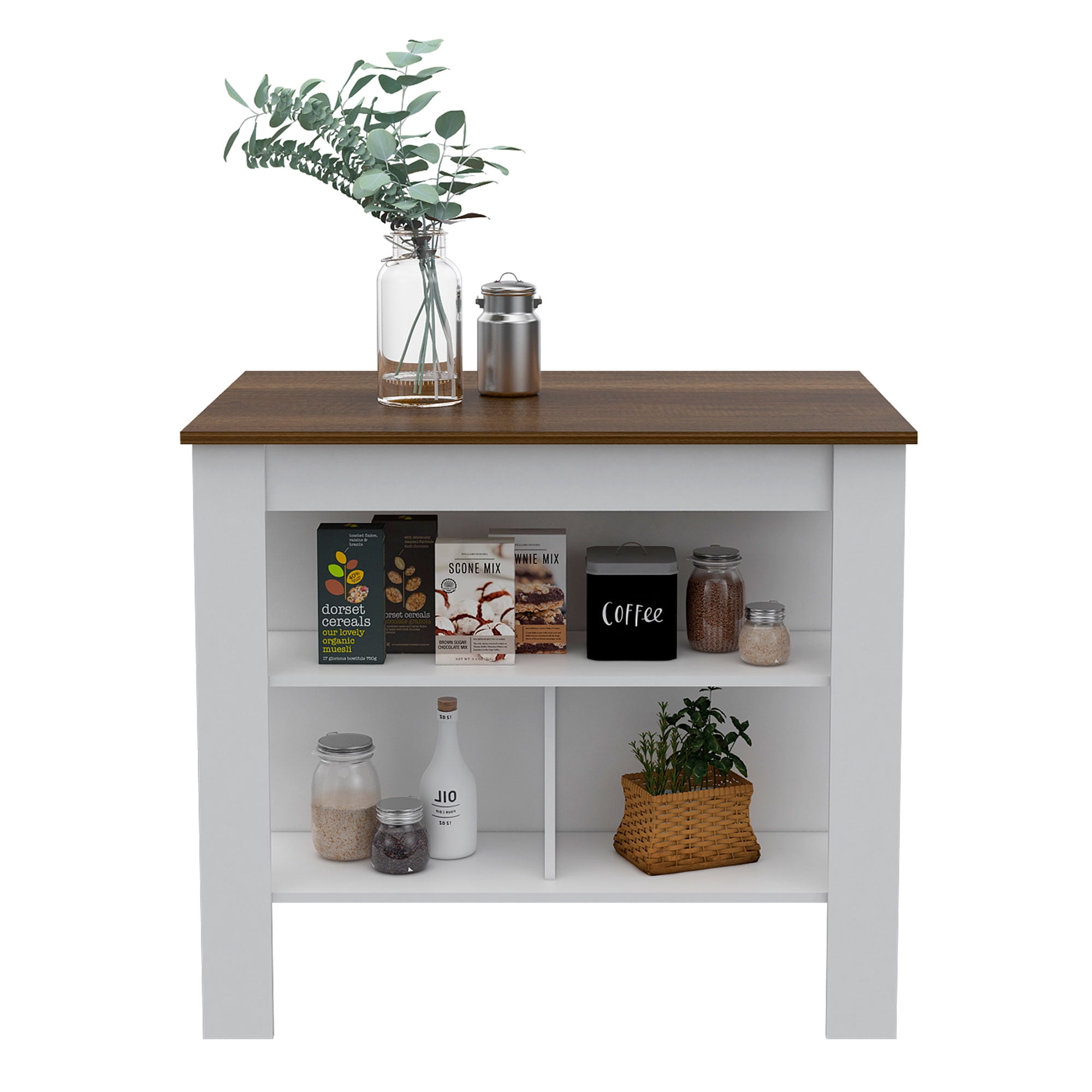TUHOME Cala Spacious Wooden Top Kitchen Island w/3 Shelves, White & Caramel