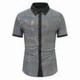 thumbnail image 2 of VSSSJ Men's Disco Shirt Sparkly Sequins Short Sleeve Button Down Shirts Slim Fit Lapel Stylish Dress Shirts 70s Party Costume Silver L, 2 of 8