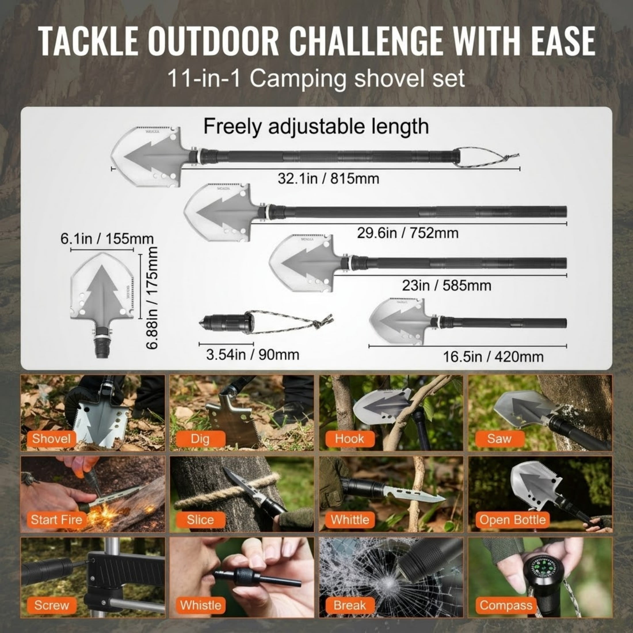 11-in-1 Survival Shovel, Folding Camping Multitool, Military Grade Portable Tactical Shovel for Off-Roading & Hiking